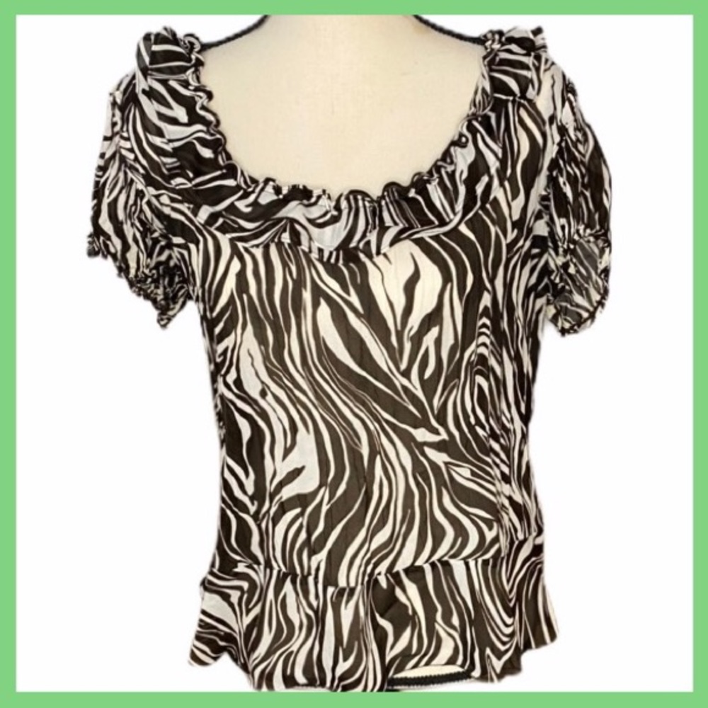 Sunny Leigh Zebra Ruffle Neck Sheer Poly Blouse